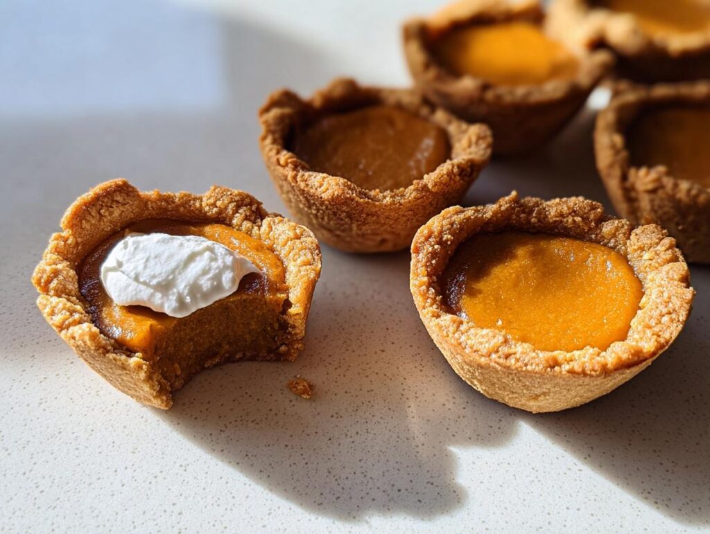 Close-up of mini pumpkin pies, one with a bite taken out and topped with whipped cream, as part of easy Thanksgiving Desserts.