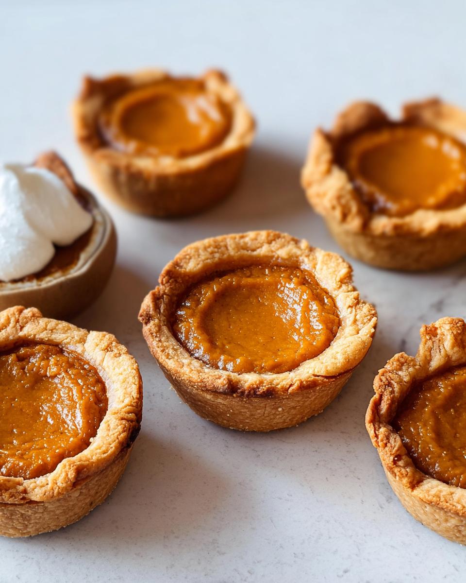 A group of mini pumpkin pies, perfect for easy Thanksgiving desserts, with one pie topped with whipped cream.