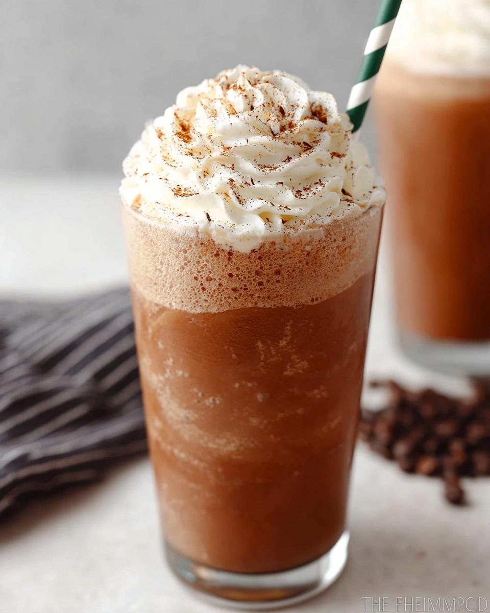 Close-up of a blended Mocha Frappuccino topped with whipped cream and chocolate dusting.