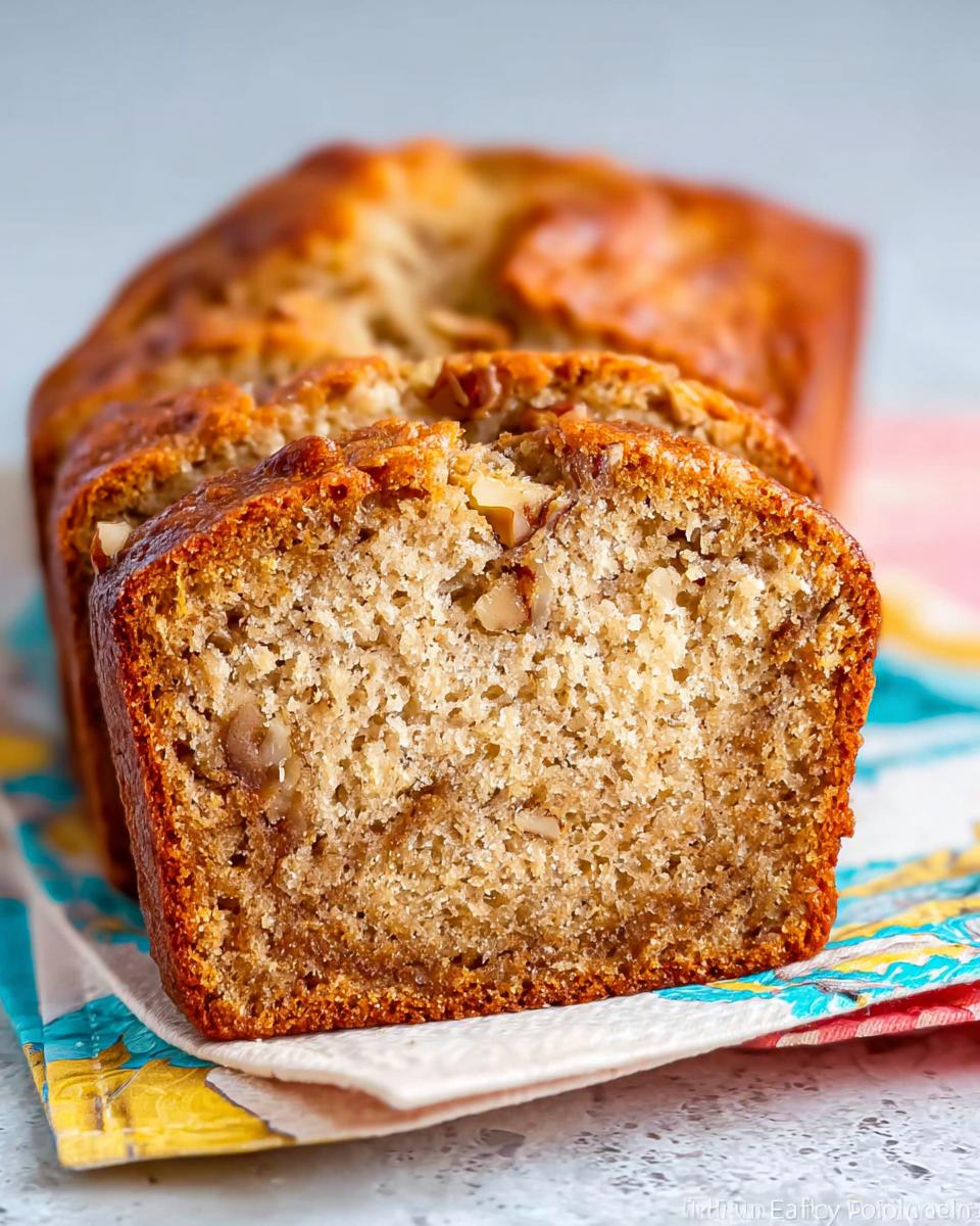 Close-up of moist Banana Bread with Sour Cream, showing a slice revealing walnuts and a tender crumb.