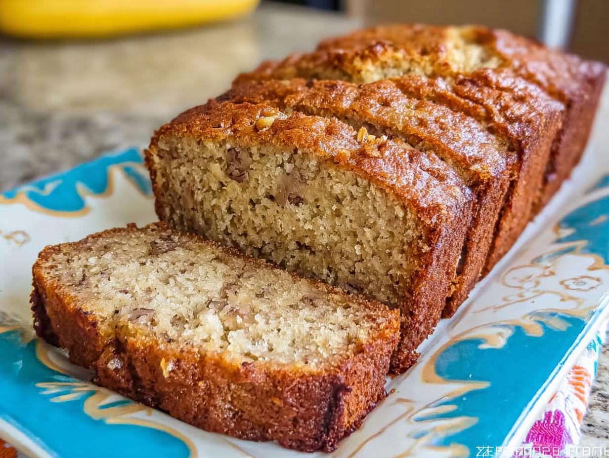 A loaf of moist Banana Bread with Sour Cream, sliced on a decorative blue and white platter.