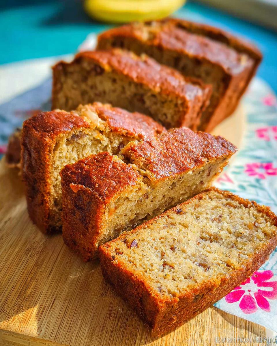 Slices of moist Banana Bread with Sour Cream displayed on a wooden cutting board with a floral napkin.