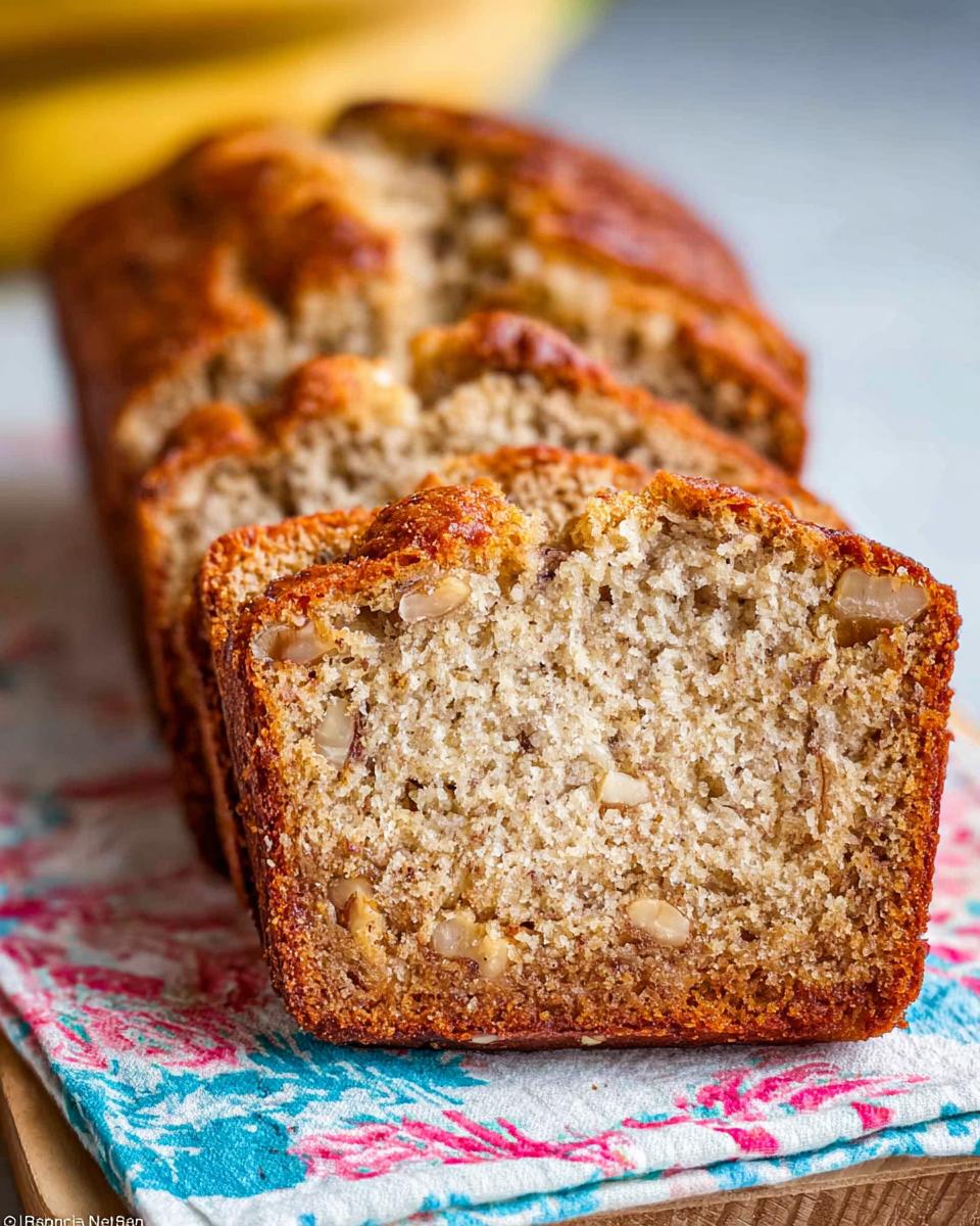 Close-up of moist Banana Bread with Sour Cream, sliced and showing walnuts inside.