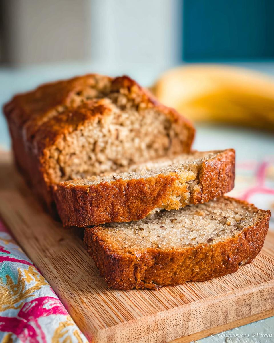 Two thick slices of moist Banana Bread with Sour Cream resting against the main loaf on a wooden cutting board.