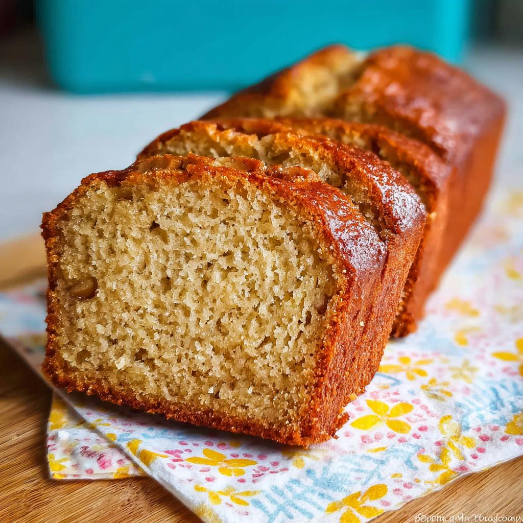 Close-up of moist Banana Bread with Sour Cream sliced on a colorful napkin.