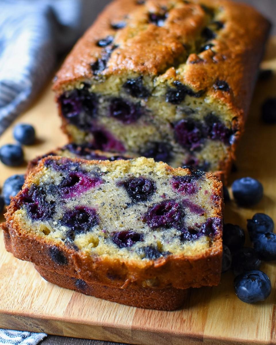 Close-up of a thick slice of moist Blueberry Banana Bread, packed with juicy blueberries, next to the loaf.