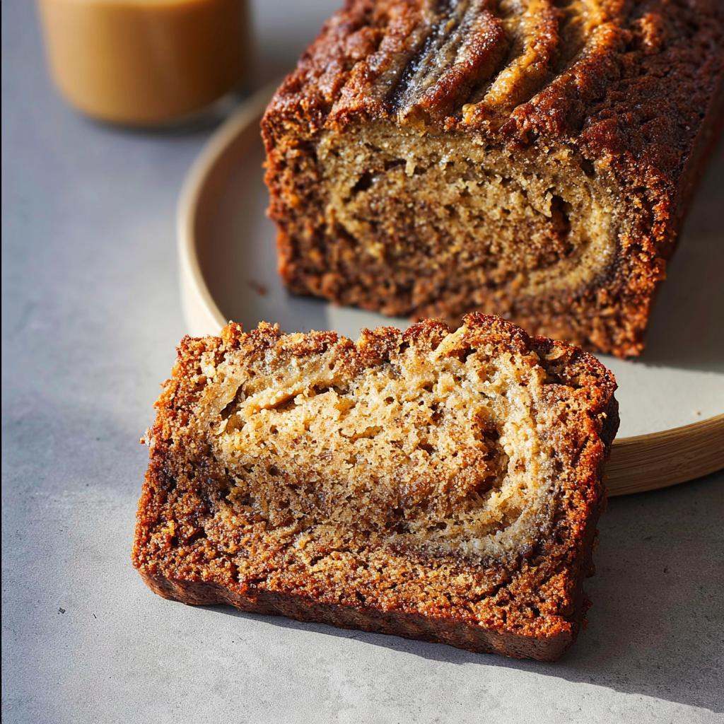 A close-up of a moist slice of Peanut Butter Banana Bread showing a rich, dark crust and a visible peanut butter swirl inside.