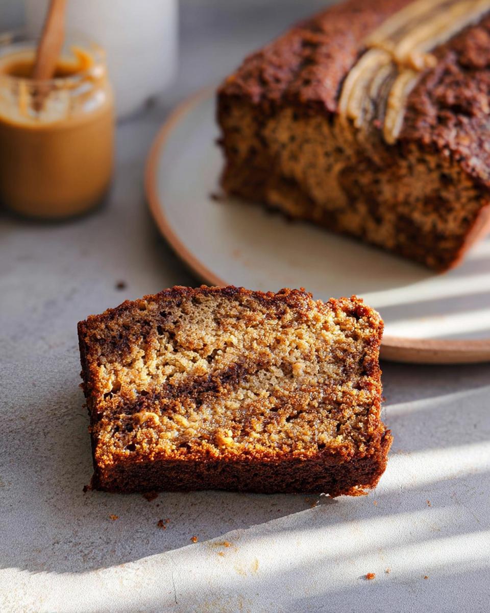 A close-up slice of moist Peanut Butter Banana Bread showing a rich, swirled texture, with the rest of the loaf in the background.