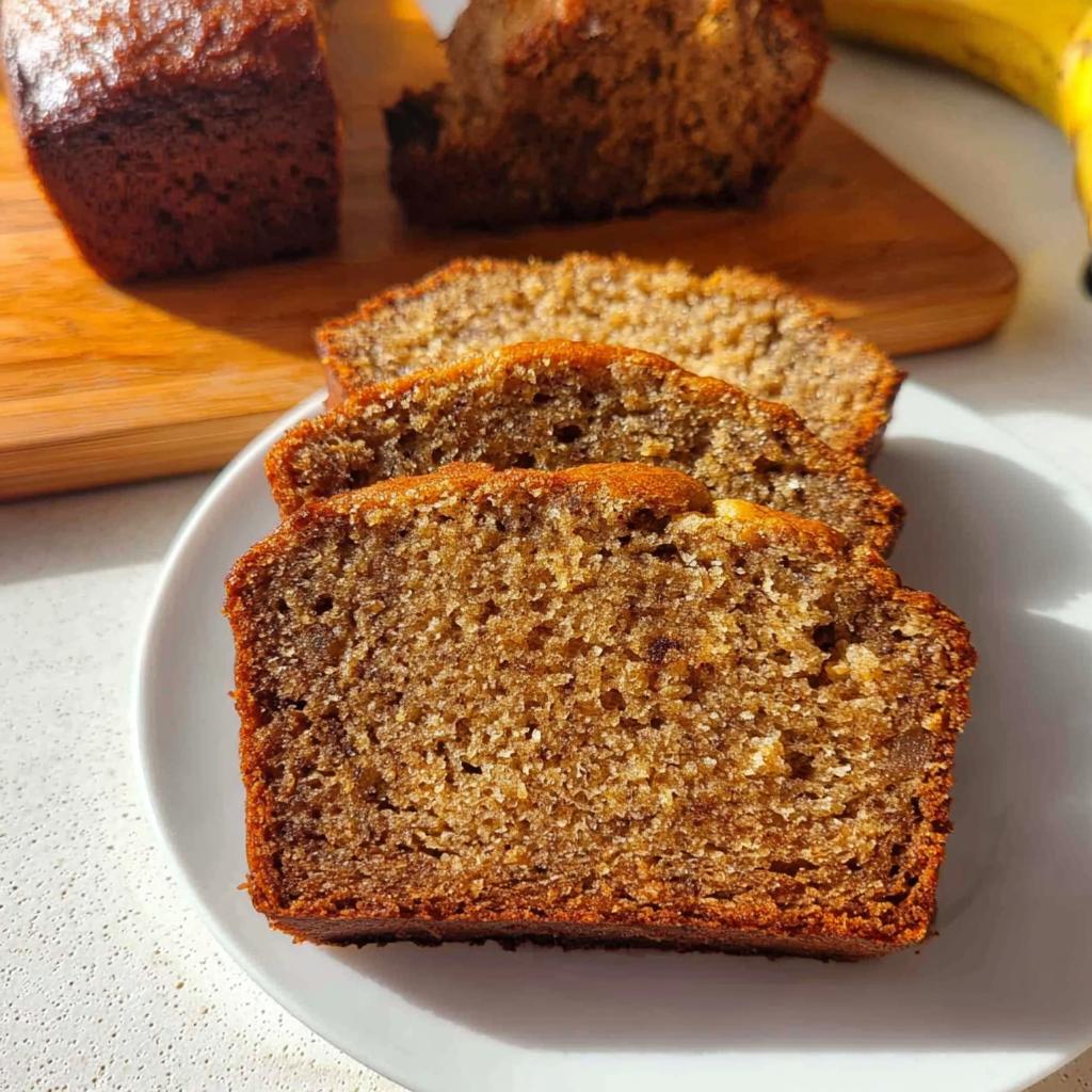 Three moist slices of One Bowl Banana Bread stacked on a white plate, showing a rich brown crumb.