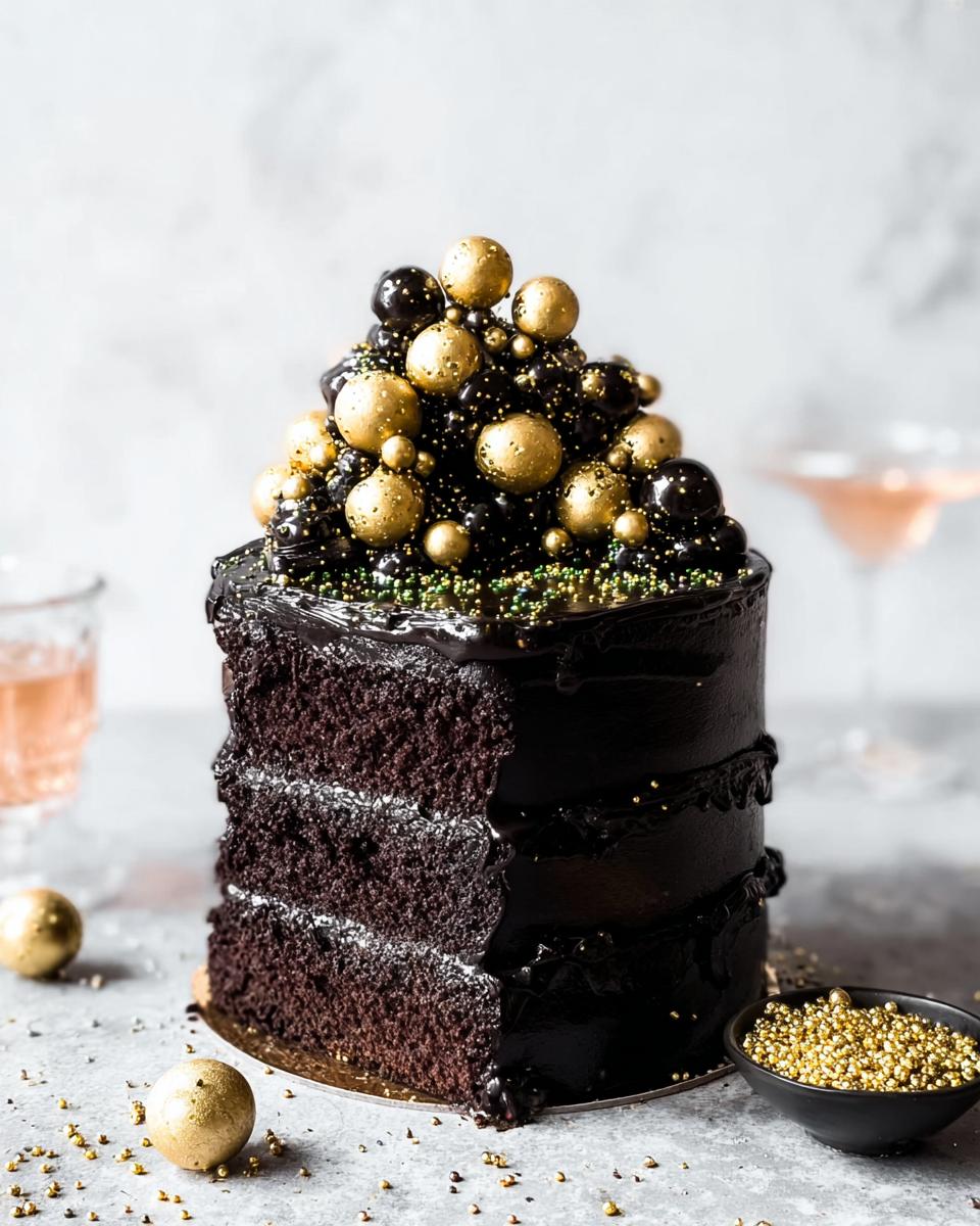 A decadent, dark chocolate New Year’s Eve cake with a slice removed, topped with gold and black edible spheres.
