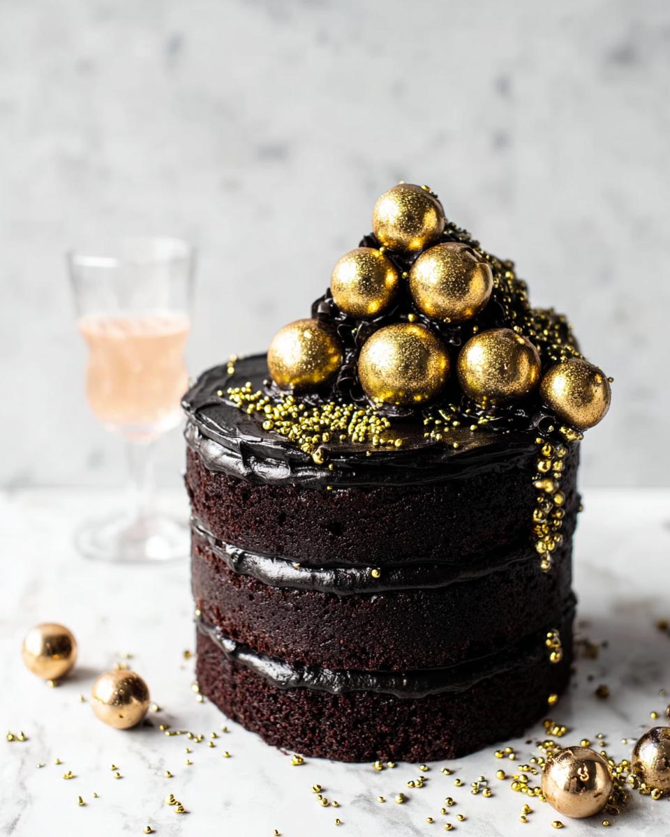 A decadent, three-layer dark chocolate New Year’s Eve cake topped with gold spheres and sprinkles.