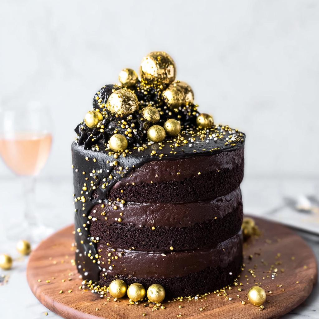 A stunning three-layer dark chocolate cake decorated for New Year’s Eve with black ganache, gold sprinkles, and gold edible spheres.