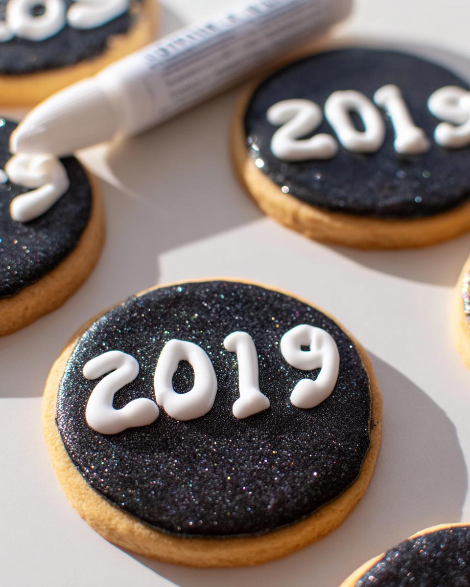 Close-up of round New Year’s Eve Cookies decorated with black glitter icing and white '2019' piped numbers.