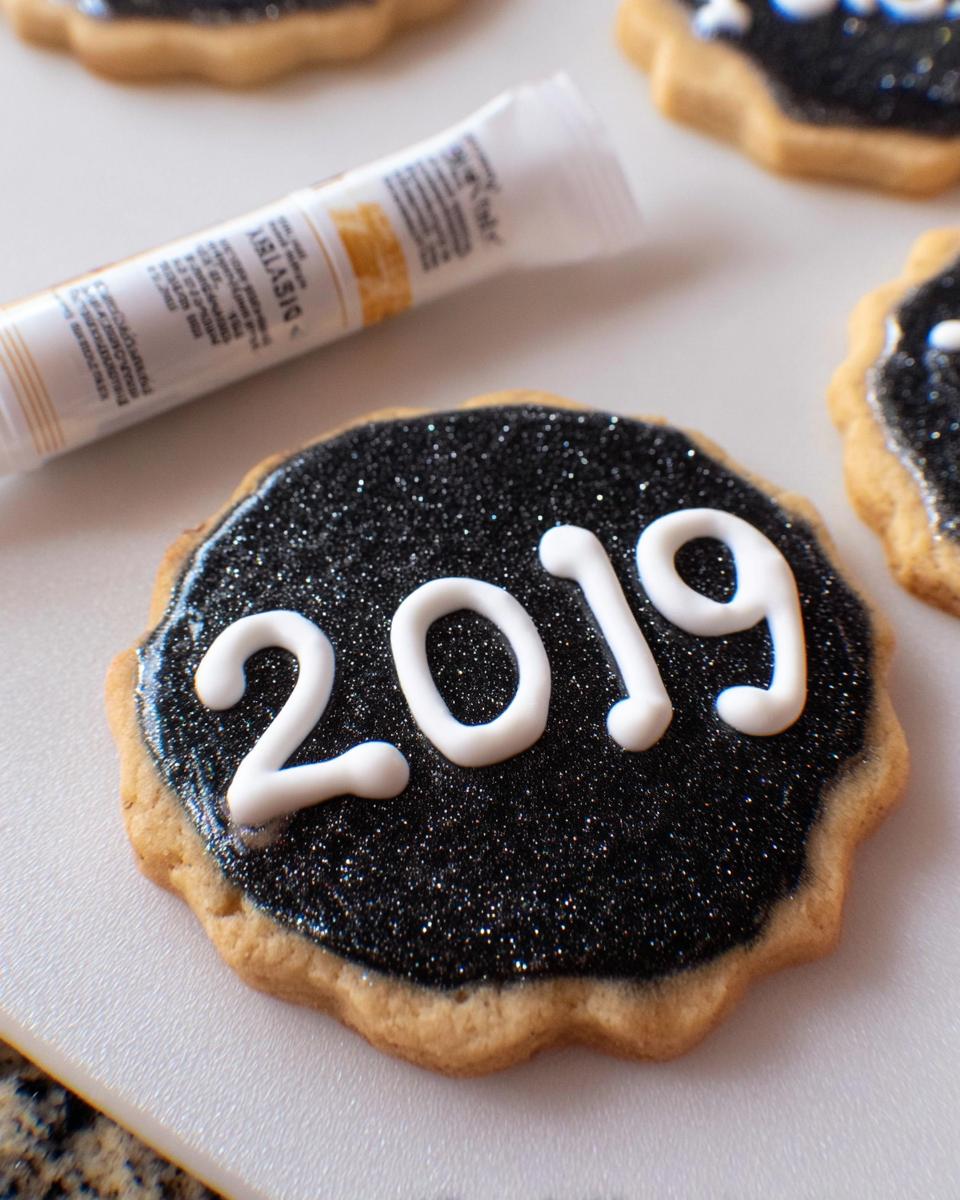 Close-up of a New Year’s Eve cookie decorated with black glitter icing and white piped '2019' numbers.