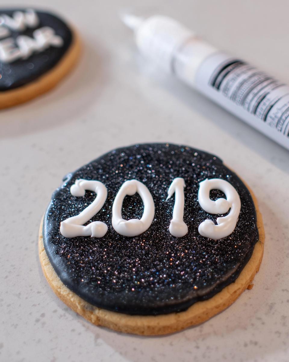 Close-up of a round sugar cookie decorated for New Year’s Eve Cookies with black glitter icing and white piped '2019'.
