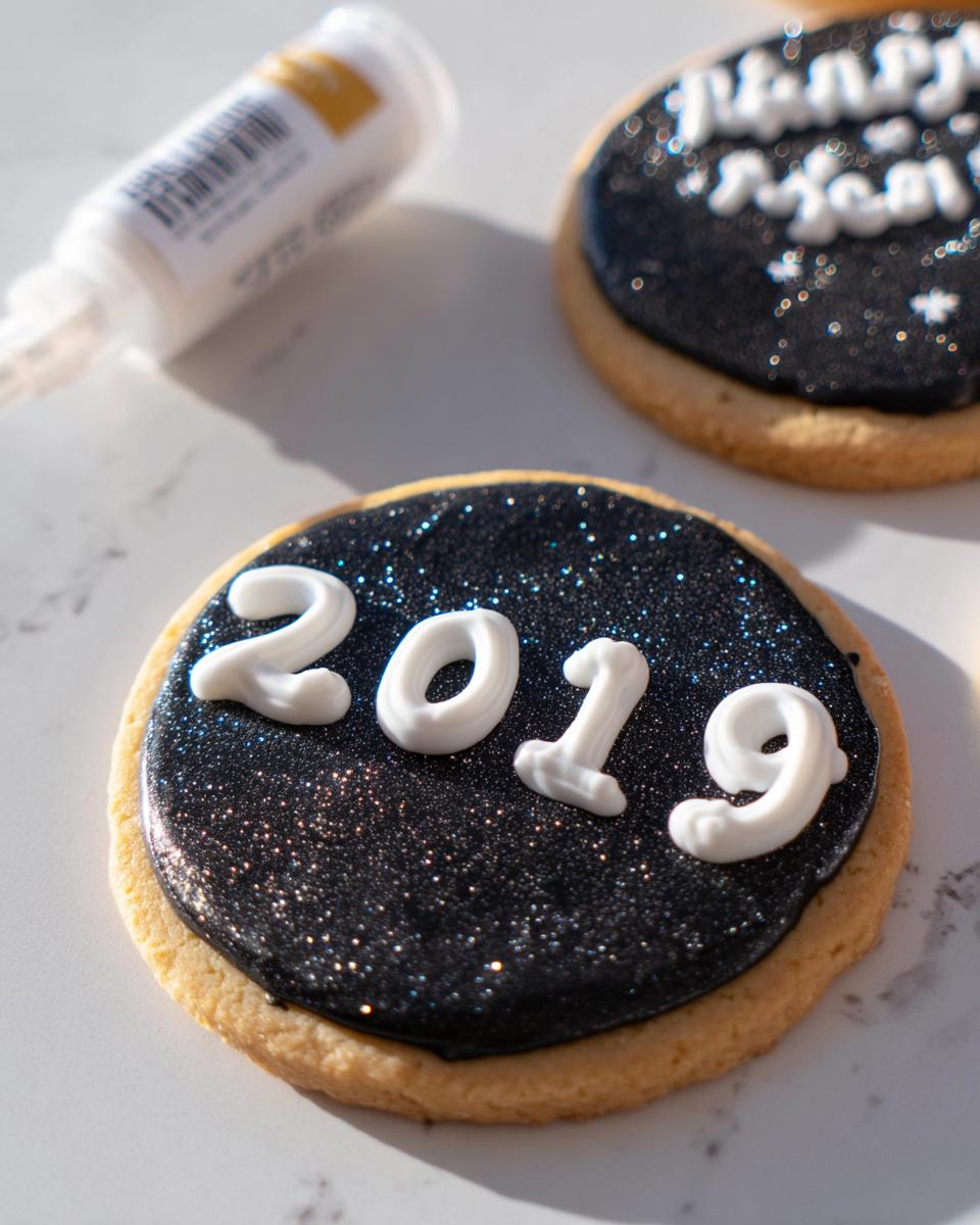 Close-up of a round sugar cookie decorated for New Year’s Eve with black, sparkly icing and white '2019' numbers.
