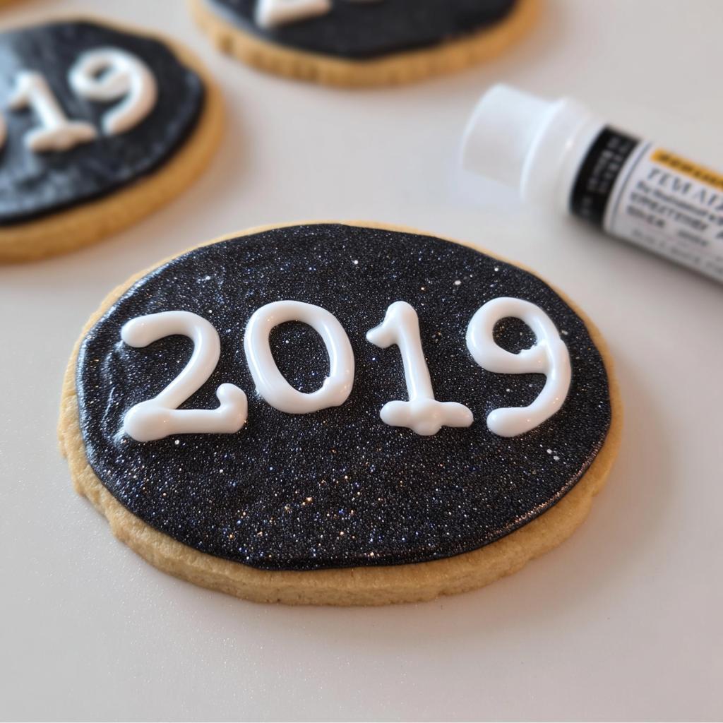 Close-up of a New Year’s Eve cookie decorated with black glitter icing and white piped '2019' numbers.