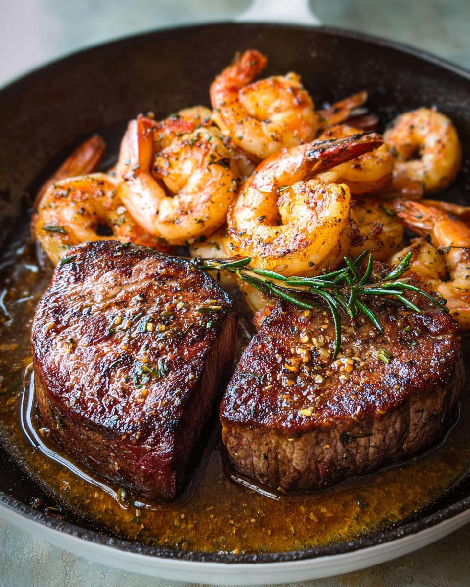 Two perfectly seared filet mignon steaks and seasoned shrimp served together in a cast iron skillet for NYE Surf and Turf.