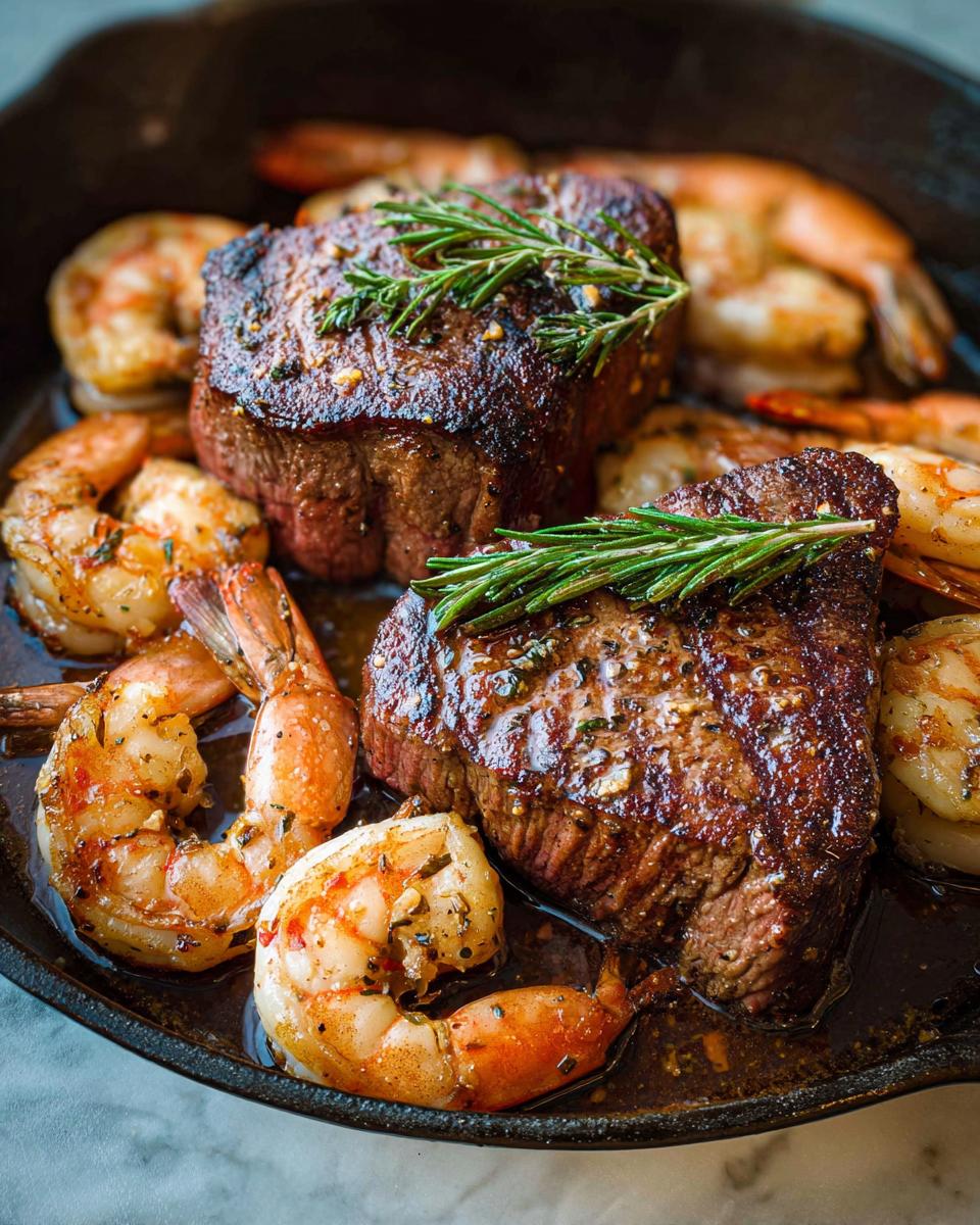 Two perfectly seared filets mignon steaks surrounded by seasoned shrimp, ready for NYE Surf and Turf.