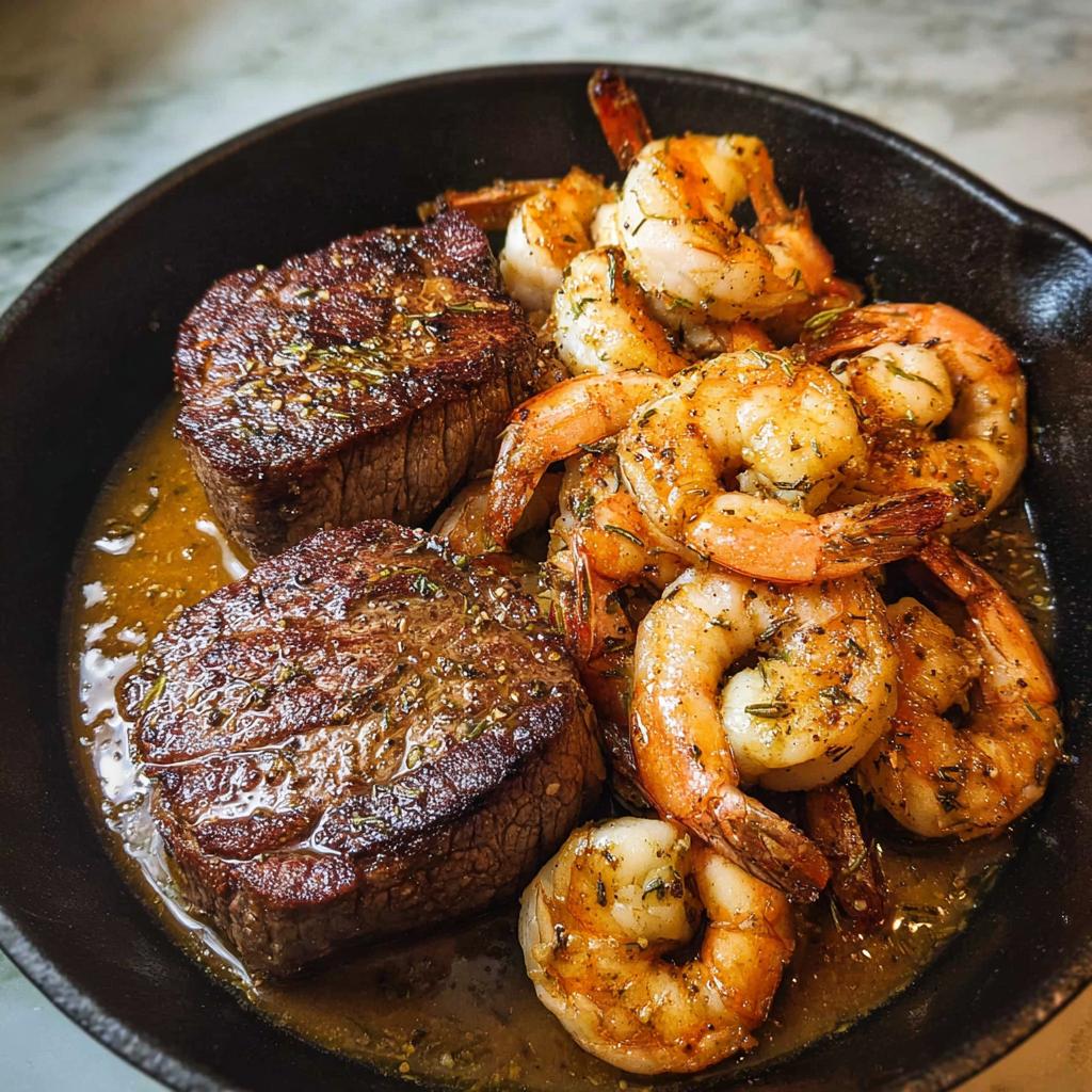 Two seared filet mignon steaks and seasoned shrimp served together in a cast iron skillet with butter sauce for NYE Surf and Turf.