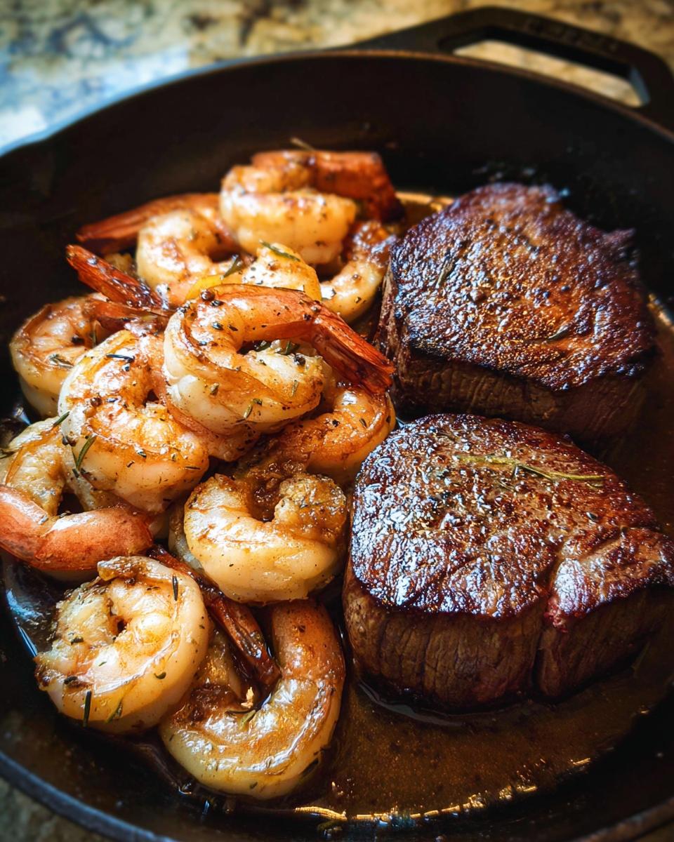 Close-up of perfectly seared steak medallions and seasoned shrimp cooked together in a cast iron skillet for NYE Surf and Turf.