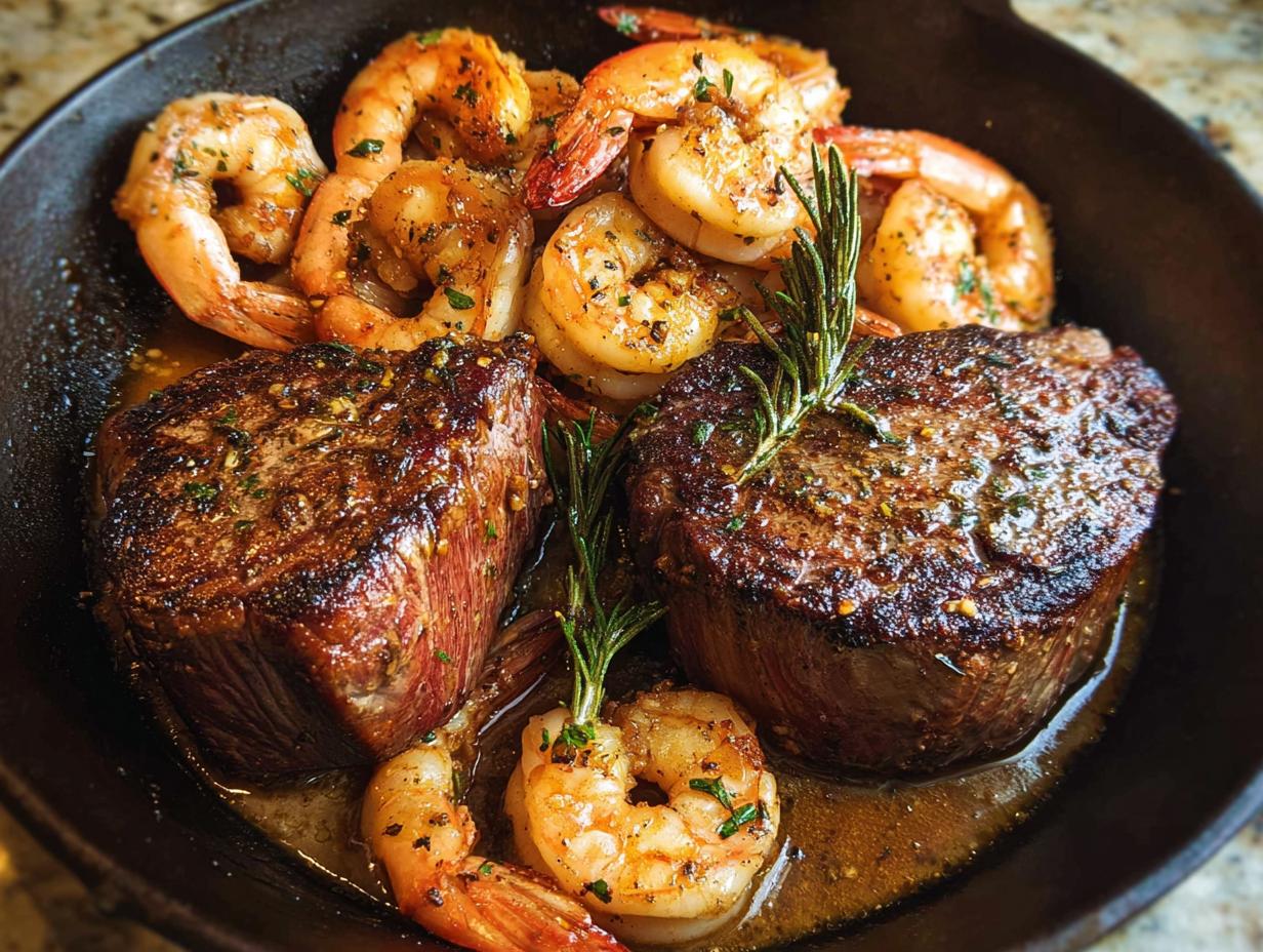 Two thick filet mignon steaks served with seasoned shrimp in a cast iron skillet for NYE Surf and Turf.