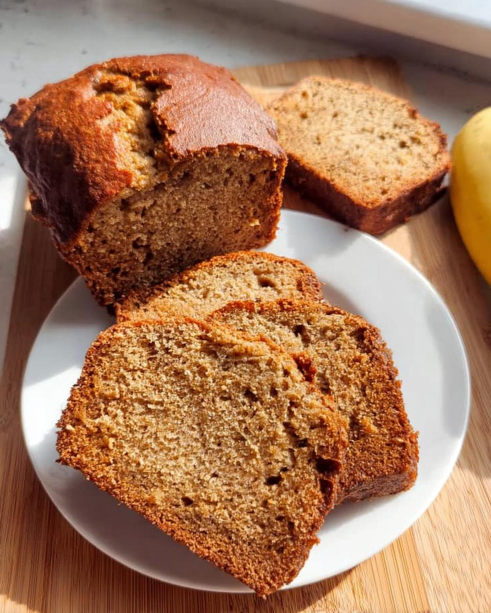 Close-up of moist One Bowl Banana Bread, partially sliced, served on a white plate.