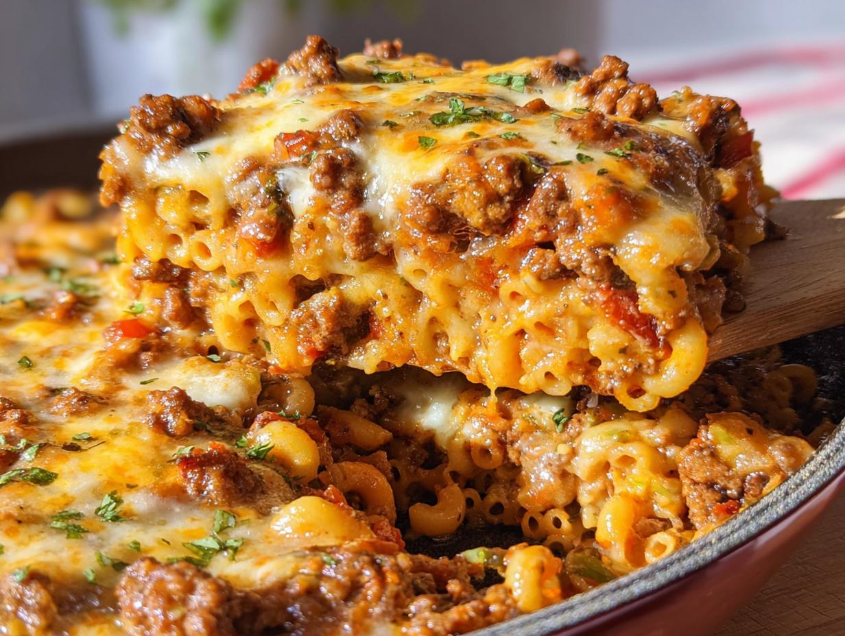 A wooden spatula lifts a thick, cheesy slice of One Pan Cheeseburger Casserole topped with ground beef and melted cheese.