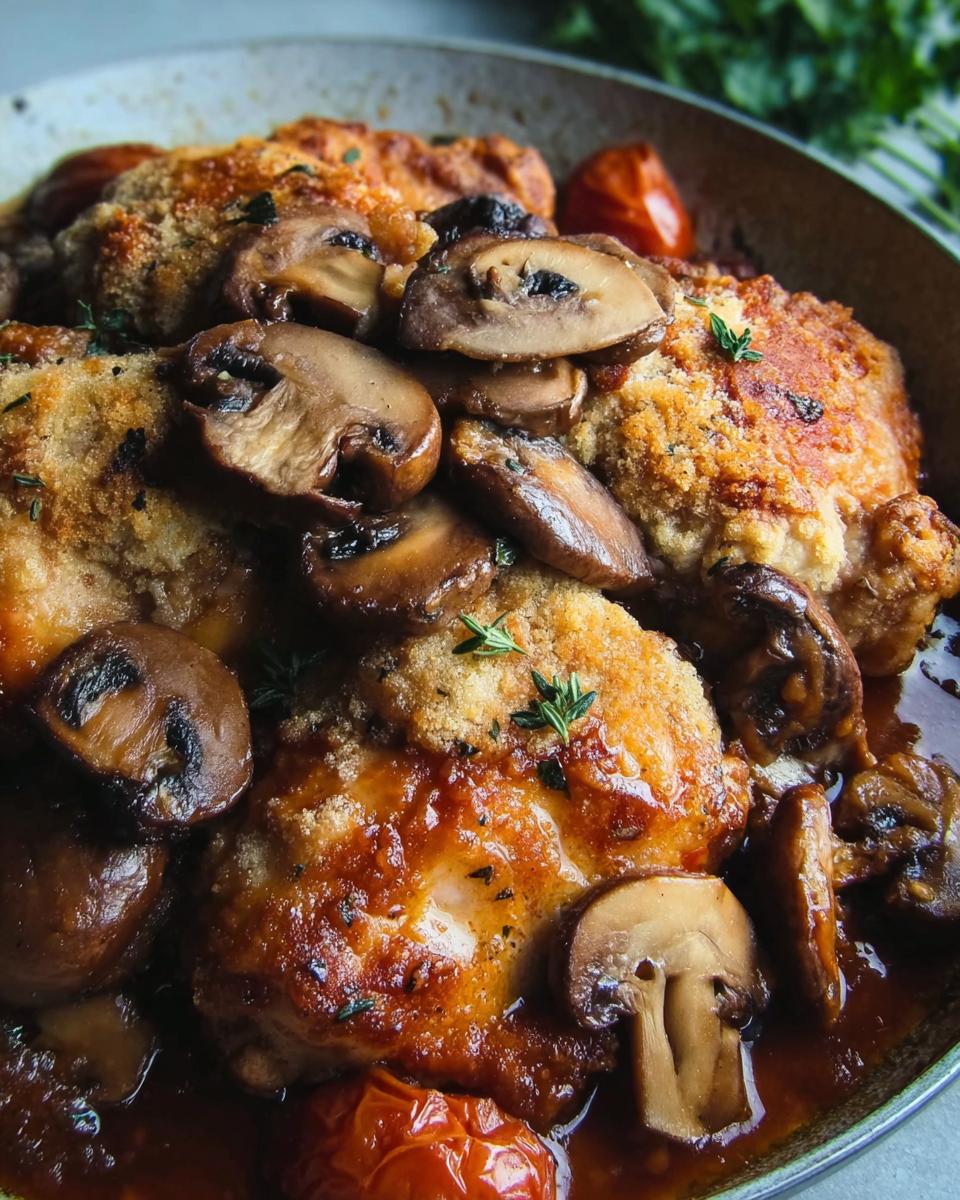 Close-up of a one-pan dinner with breaded chicken, sliced mushrooms, and cherry tomatoes in a rich sauce.