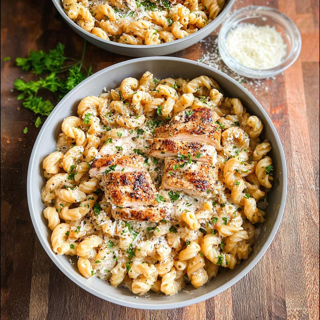 A bowl of One Pan Creamy Garlic Parmesan Chicken Pasta topped with sliced grilled chicken and fresh parsley.