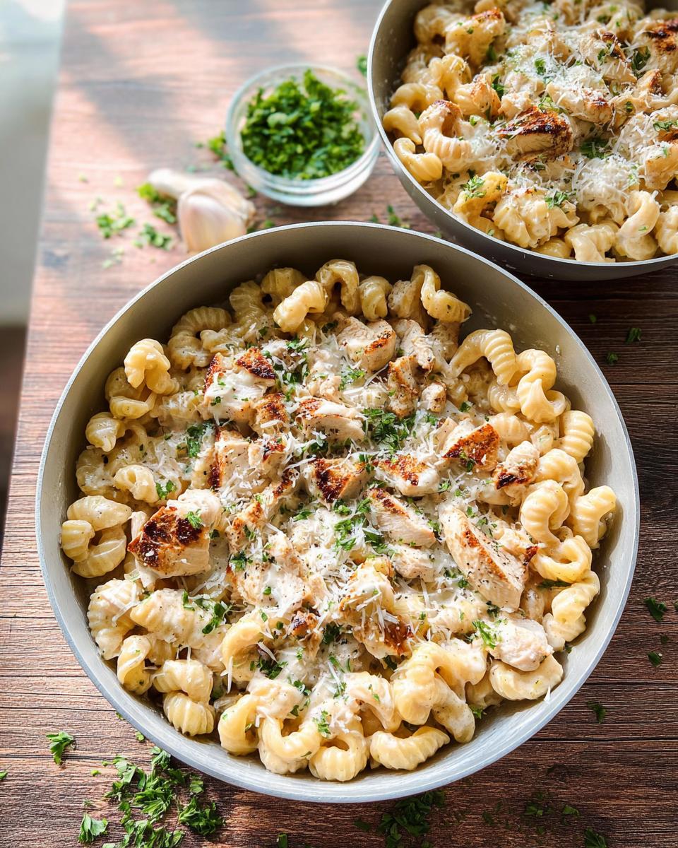 Close-up of One Pan Creamy Garlic Parmesan Chicken Pasta topped with grilled chicken pieces and grated cheese.