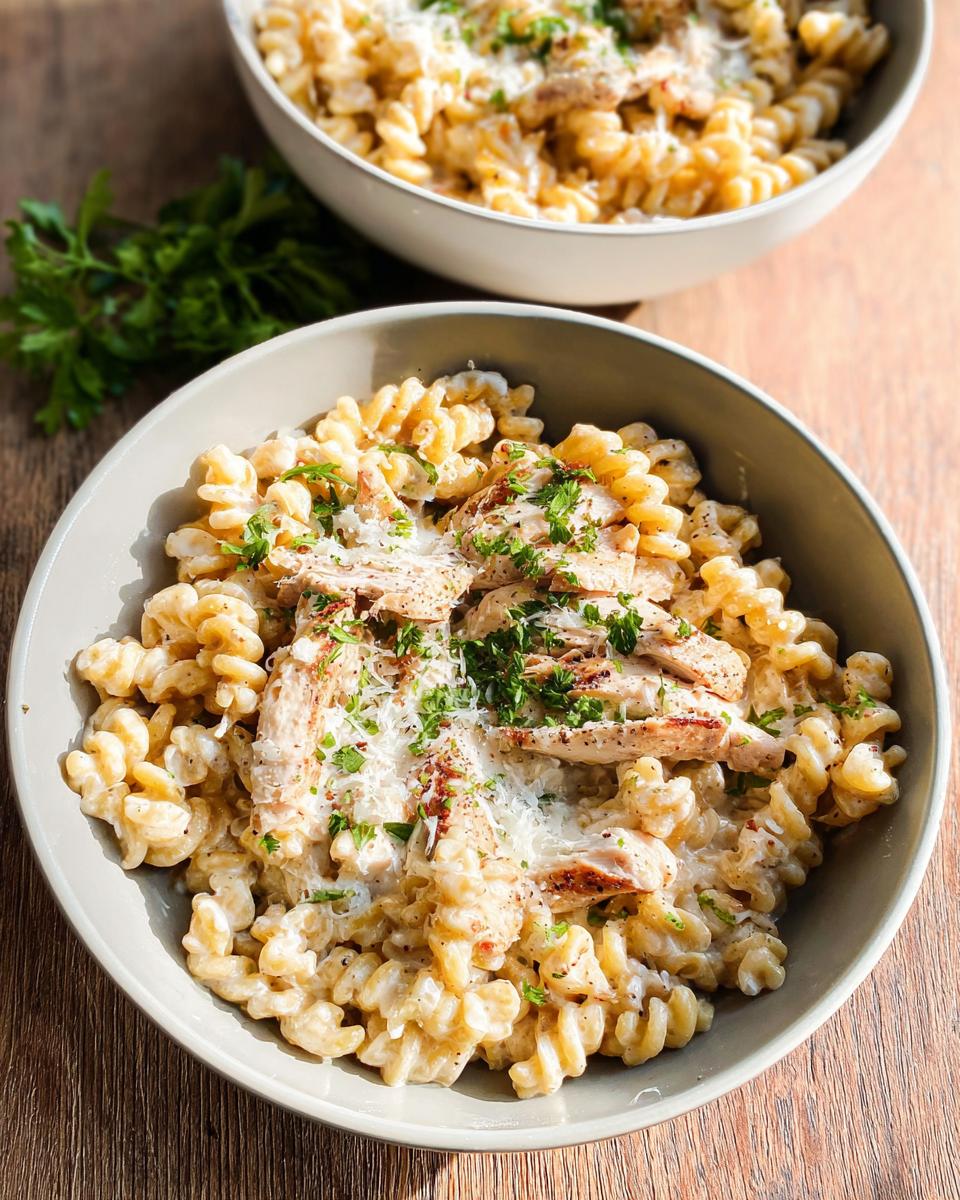 Close-up of One Pan Creamy Garlic Parmesan Chicken Pasta topped with sliced chicken, cheese, and parsley.