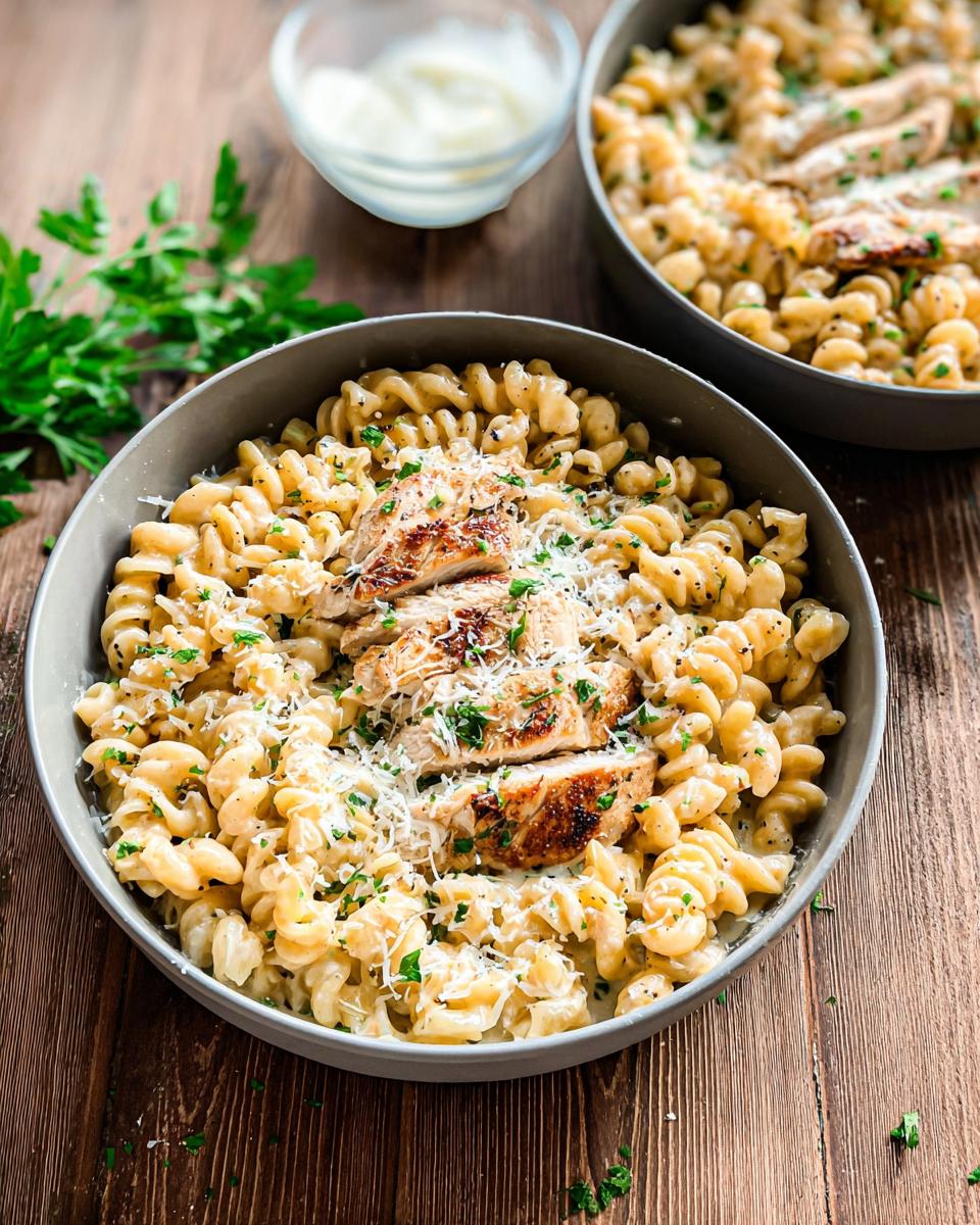 A close-up of One Pan Creamy Garlic Parmesan Chicken Pasta topped with sliced chicken breast and grated cheese.