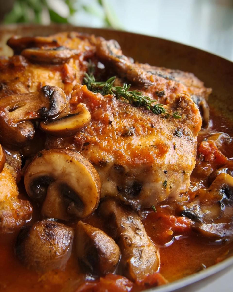 Close-up of a savory one-pan dinner featuring chicken thighs and sliced mushrooms in a rich tomato sauce.