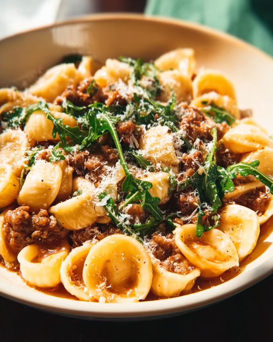 Close-up of a bowl of orecchiette pasta with crumbled meat sauce and arugula, a perfect dinner idea recipe everyone asks for.