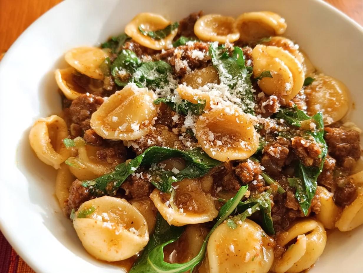 A close-up of a white bowl filled with orecchiette pasta, crumbled sausage, greens, and grated cheese. This is a dinner idea recipe everyone asks for.