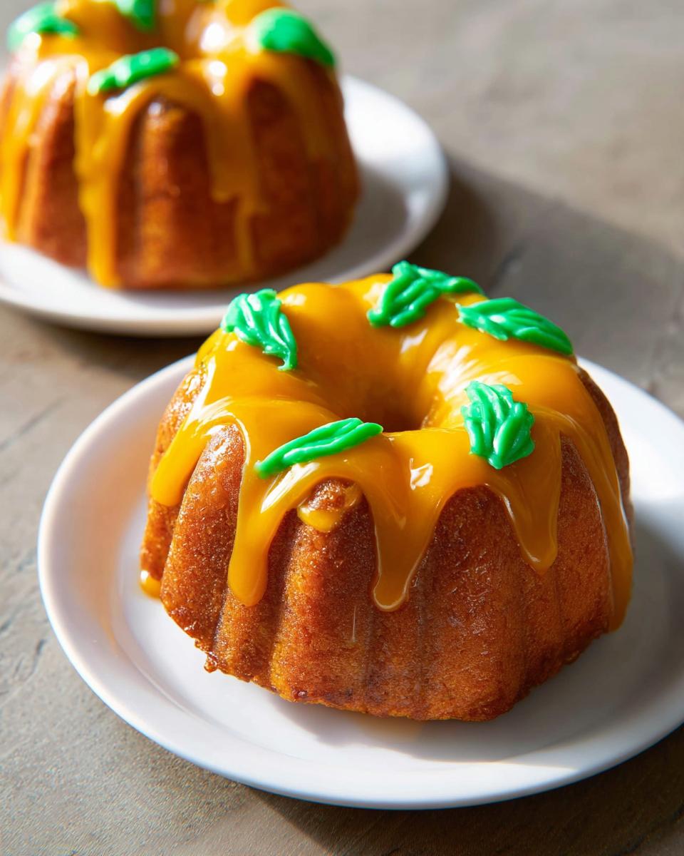 Close-up of a mini bundt cake, glazed with orange icing and decorated with green frosting leaves, part of One-Pan Thanksgiving Desserts.