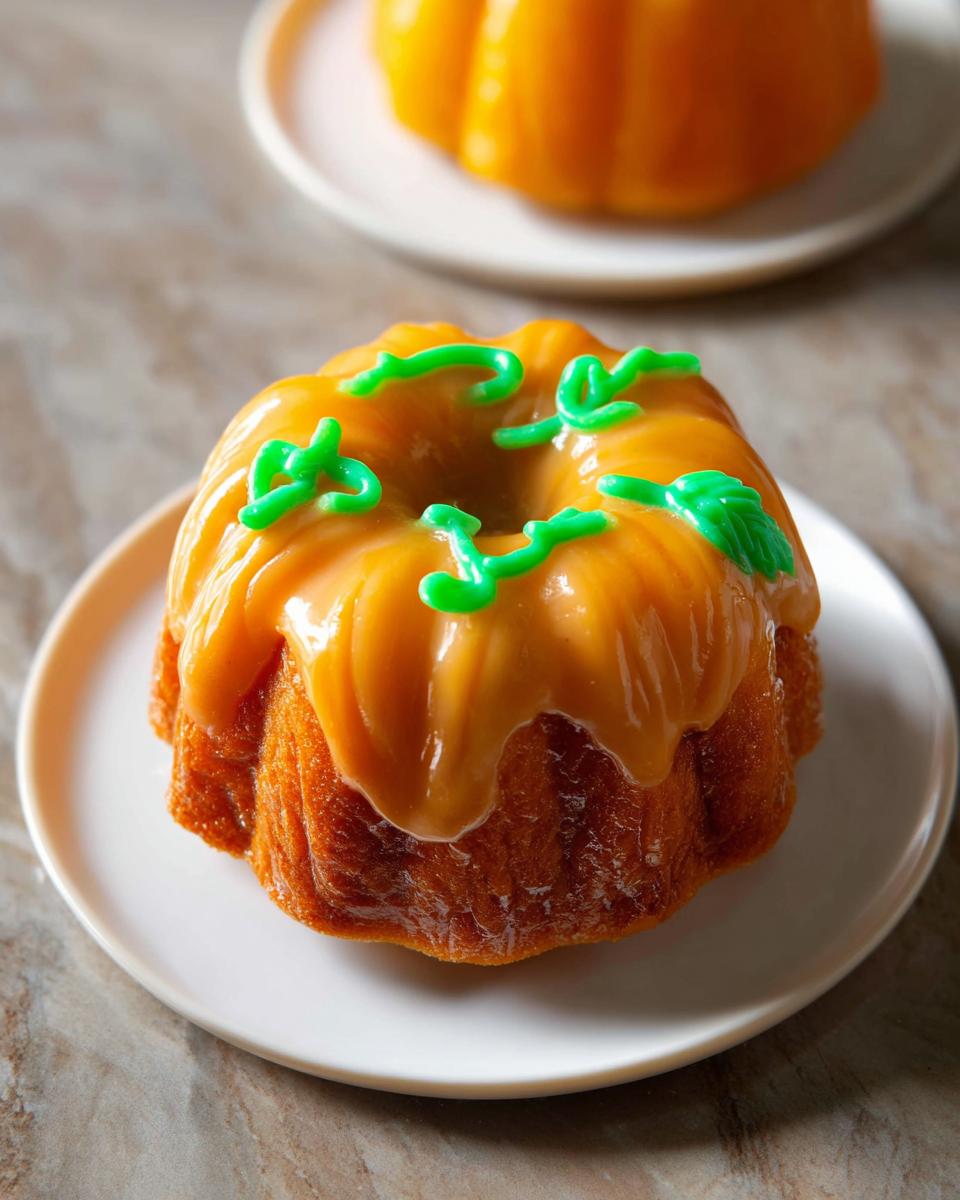 A festive pumpkin-shaped bundt cake, drizzled with orange glaze and decorated with green icing vines, perfect for one-pan Thanksgiving desserts.