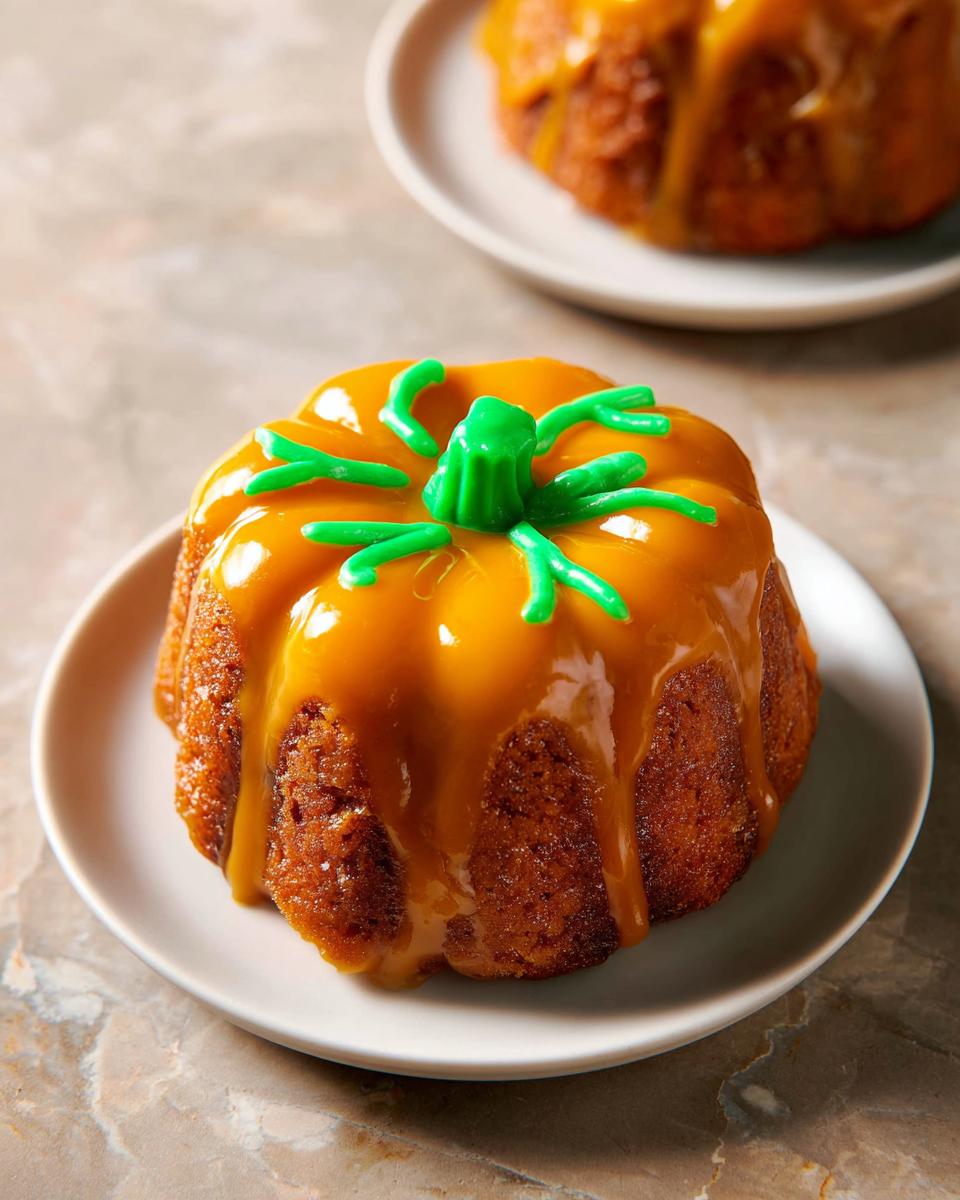 A festive pumpkin-shaped bundt cake, drizzled with caramel and decorated with green icing, perfect for One-Pan Thanksgiving Desserts.