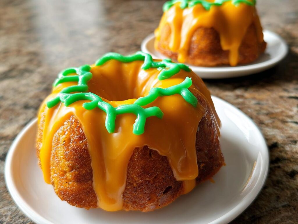 Close-up of two mini bundt cakes, topped with orange glaze and green icing, perfect for one-pan Thanksgiving desserts.