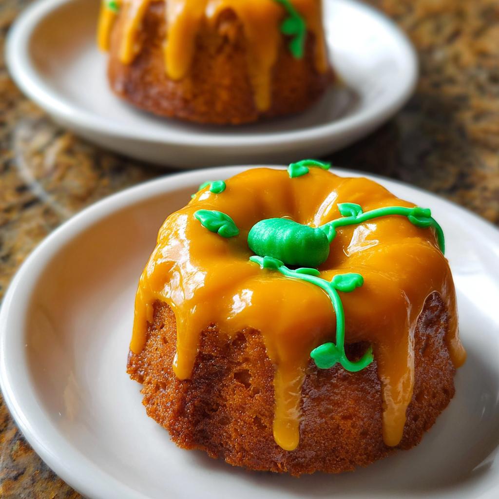 Close-up of a mini bundt cake decorated like a pumpkin, part of One-Pan Thanksgiving Desserts.