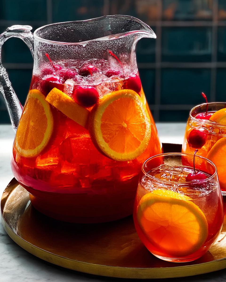 A pitcher and glasses filled with vibrant red One-Pan Thanksgiving Drinks, garnished with orange slices and maraschino cherries.