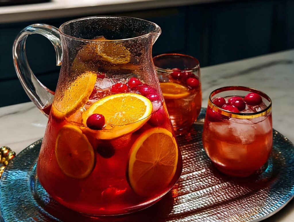 A pitcher and two glasses filled with festive one-pan Thanksgiving drinks, garnished with oranges and cranberries.