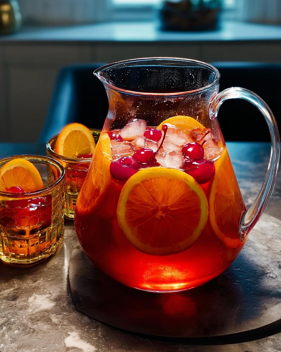 A clear pitcher filled with One-Pan Thanksgiving Drinks, ice, orange slices, and cherries, with two glasses nearby.