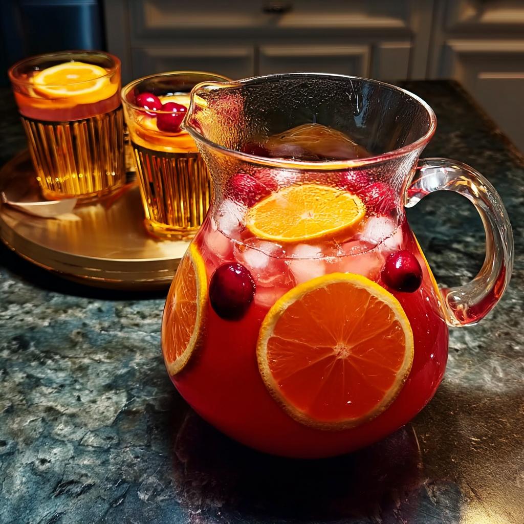 A glass pitcher filled with one-pan Thanksgiving drinks, ice, cranberries, and orange slices.