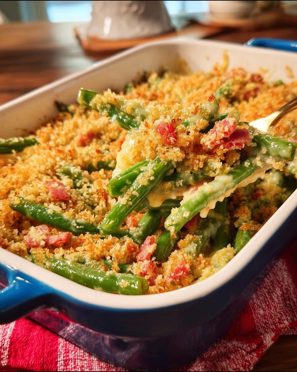 A close-up of a serving spoon lifting out a portion of One-Pan Thanksgiving Green Beans, topped with crispy breadcrumbs and bacon bits.