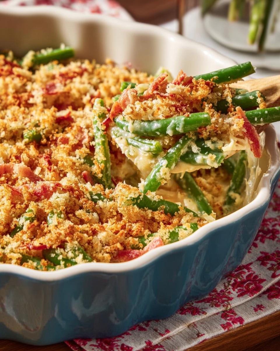 A close-up of a serving spoon lifting creamy One-Pan Thanksgiving Green Beans topped with crispy breadcrumbs and bacon.