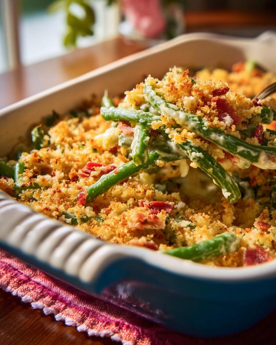 Close-up of a serving spoon lifting a portion of One-Pan Thanksgiving Green Beans from a casserole dish, showing creamy sauce and crispy breadcrumb topping.