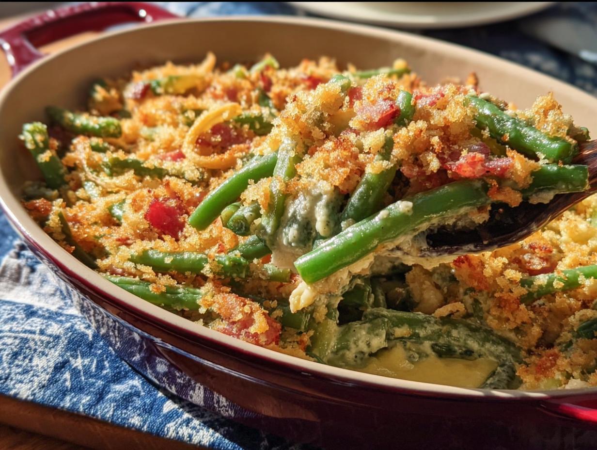 A spoonful of creamy One-Pan Thanksgiving Green Beans topped with crispy breadcrumbs and bacon.