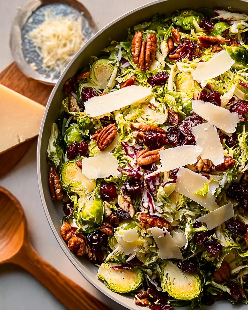 A vibrant one-pan Thanksgiving salad featuring shredded Brussels sprouts, dried cranberries, pecans, and shaved Parmesan cheese.